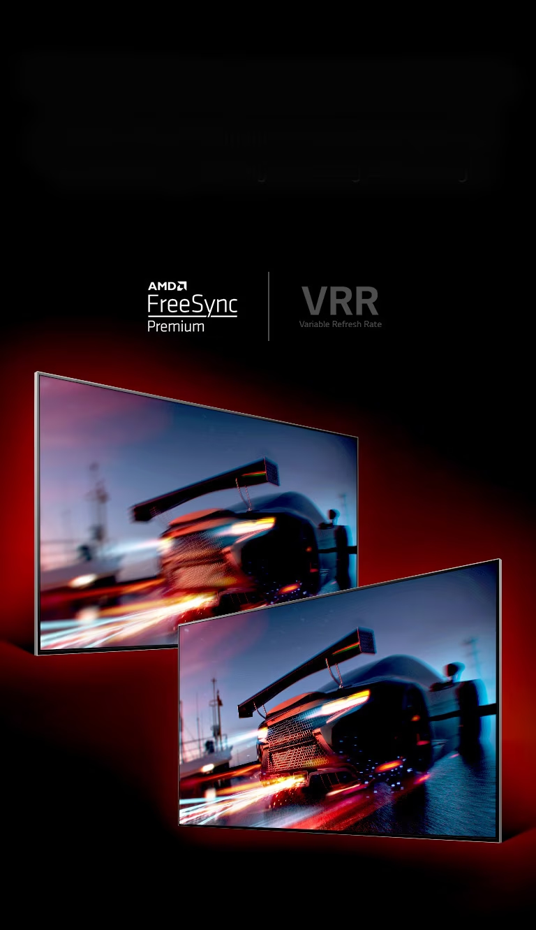 There are two TVs facing opposite. On left TV shows a fast driving racing car that seems quite blurry while on right TV shows a fast driving racing car but very clear.