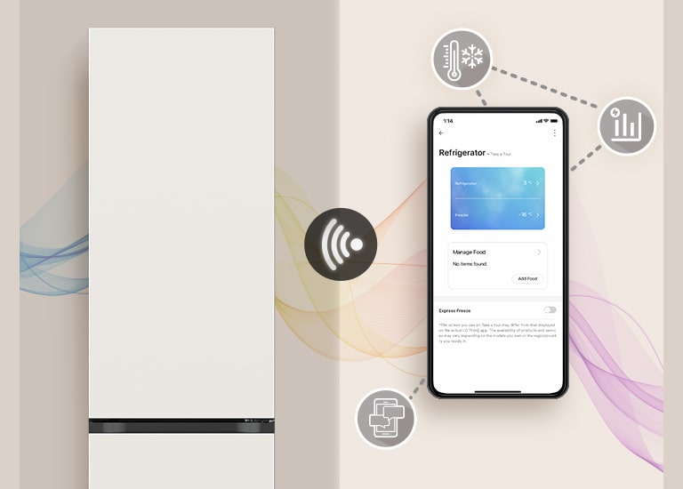 White LG refrigerator connected to a smartphone app for temperature control, food management, and monitoring features.