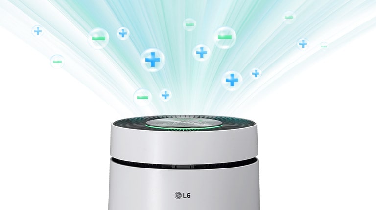 the_top_portion_of_the_air_purifier_from_the_lg_logo_up_is_shown_with_air_being_released_and_bubbles_indicating__/- ions.