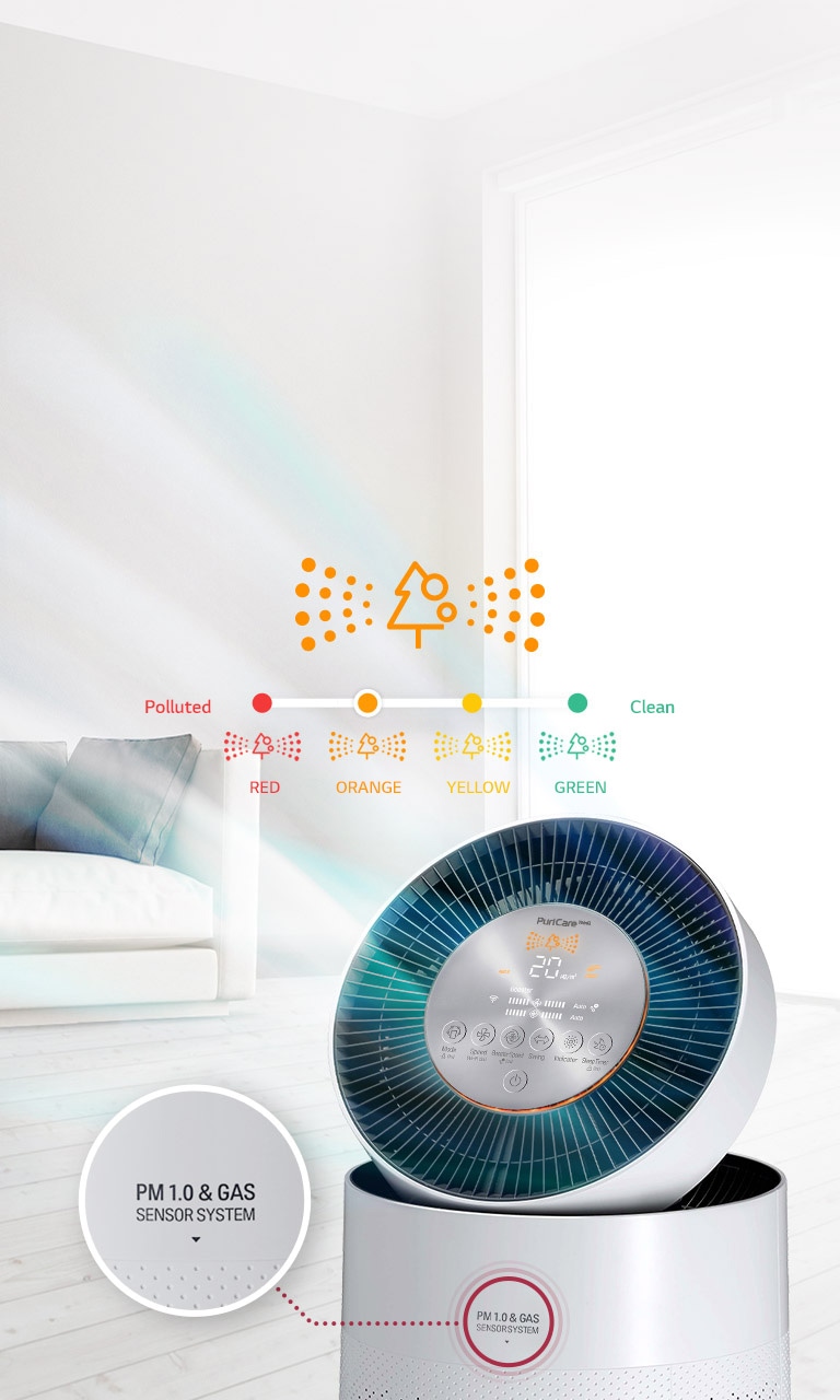 The air purifier is shown with an orange display. A magnified image of the front is inset showing the label "PM 1.0