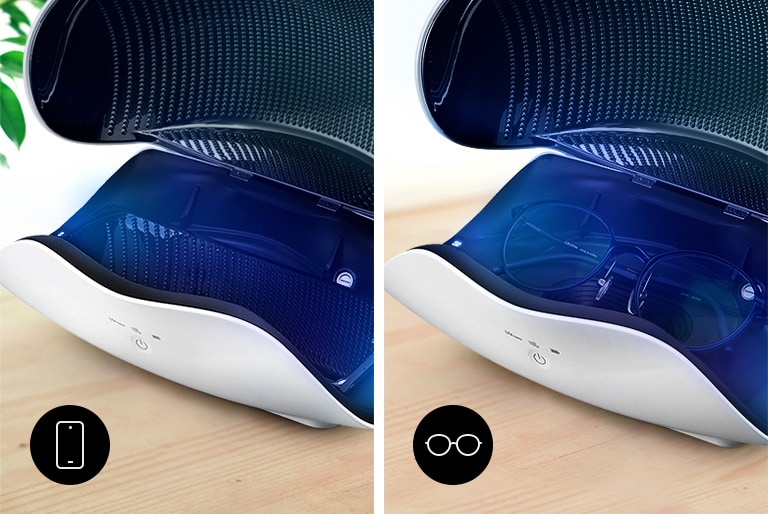 This is a product image demonstrating the effect of UVnano case sterilization. In the image on the left, the phone is in a case and the LED blue light shines around the phone. The image on the right shows the glasses in their case and an LED blue light also shines around them.