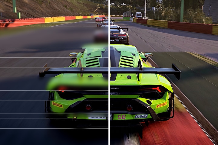 A side-by-side comparison of a green race car on a track, showcasing different visual qualities with clearer details on the right.	