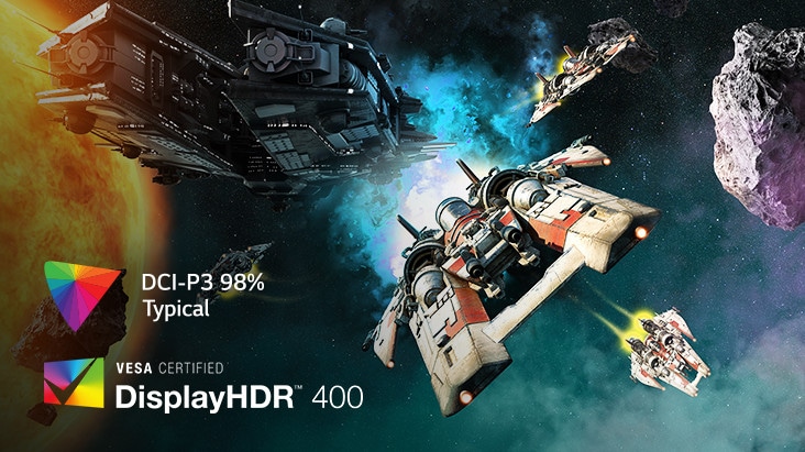 High-quality space images with DCI-P3 98% and DisplayHDR™ 400.	