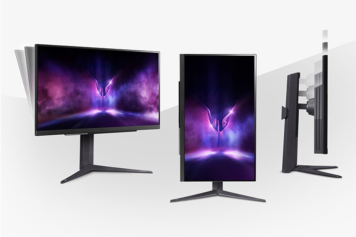 Three monitor images demonstrating tilt, pivot, and height adjustments.	