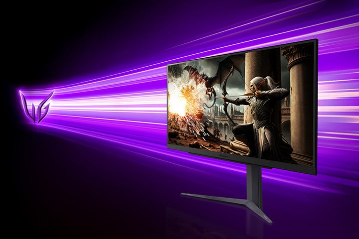 Side view of a monitor with a gaming archer character on the screen image