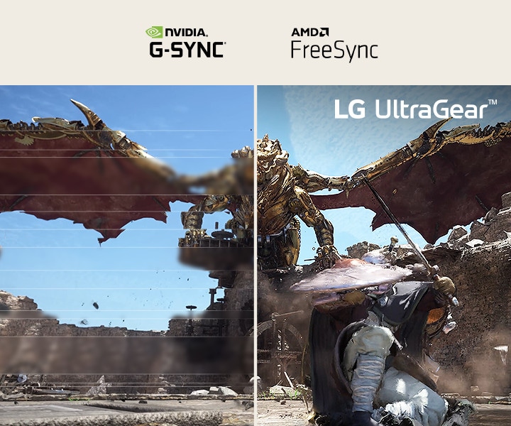 Comparison of fluid gaming image - The left image is tearing, and the Right image is tear-free.	