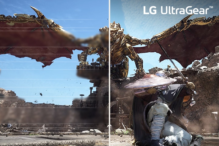 Comparison of fluid gaming image - The left image is tearing, and the Right image is tear-free.