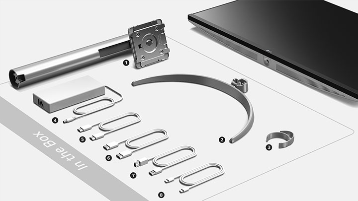 27UQ850V A doboz tartalma (1. Állványtest 2. Állvány talpa 3. Kábeltartó 4. Hálózati adapter 5. HDMI-kábel 6. DP-kábel 7. USB A-B kábel 8. USB C-C kábel)