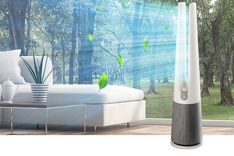 A green natural forest is outside the window, and product is placed in front of the window. The product emits cool, clean air.