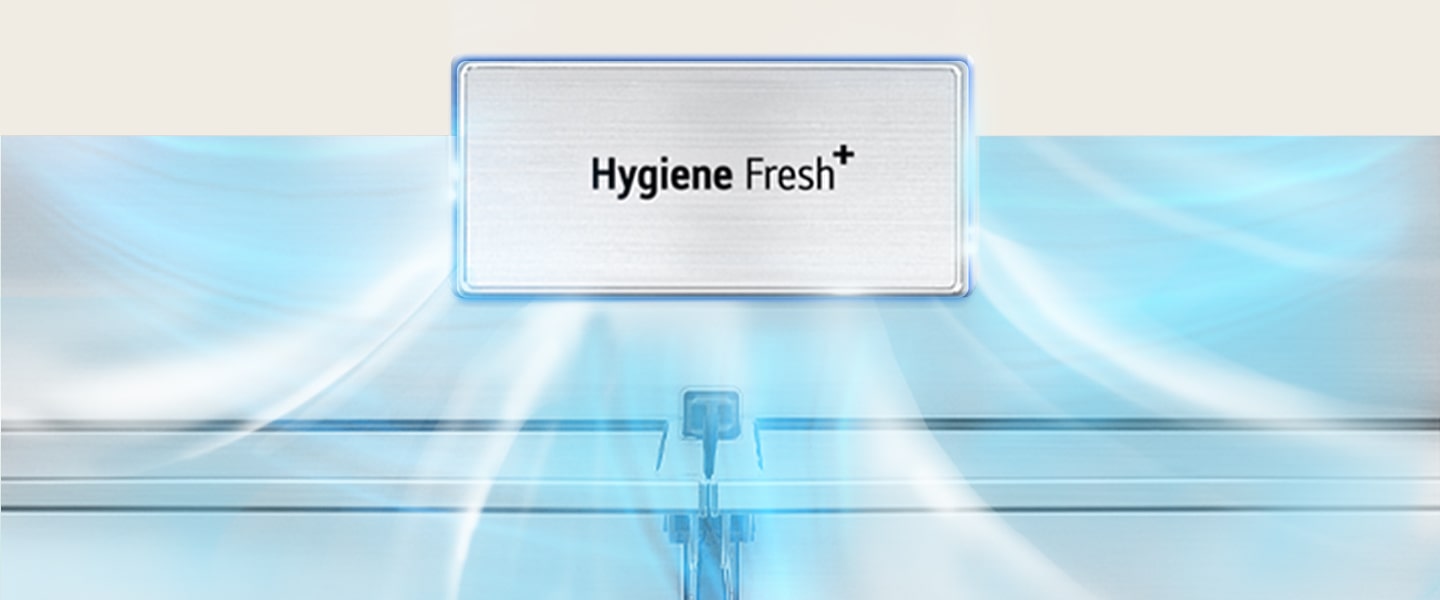 Highlighted Hygiene Fresh+ and a gray arrow, which means stench, is sucked into Hygiene Fresh+, and clean cold air spreads out.