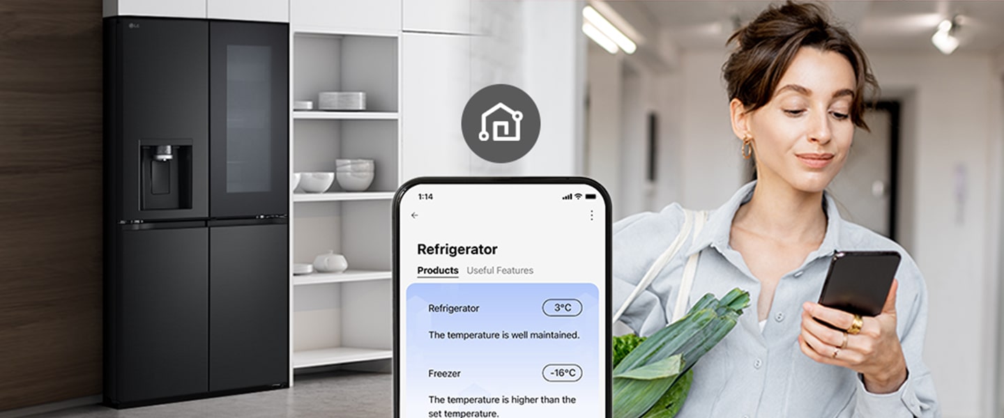 Image on the right shows a woman with a shopping basket looking at her cell phone. Image on the left shows the refrigerator front view. In the center of the images is an icon to show connectivity between the phone and refrigerator.