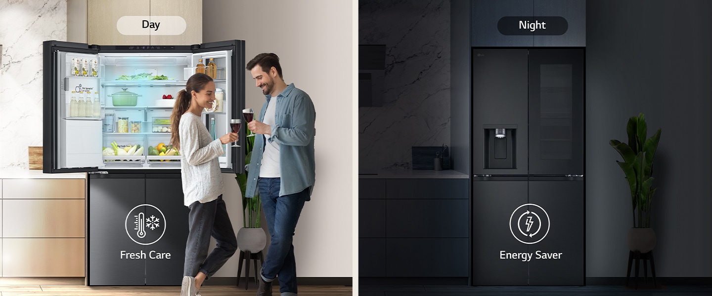 The image on the left shows a couple holding glasses during the day in front of an open refrigerator. Only one side of the refrigerator is open, and blue cold air is flowing out of the refrigerator. The thermometer icon, which means cold air, is located below the image. The image on the right shows the refrigerator in the kitchen on a dark night. Below the image is an electric icon, which means energy saving.