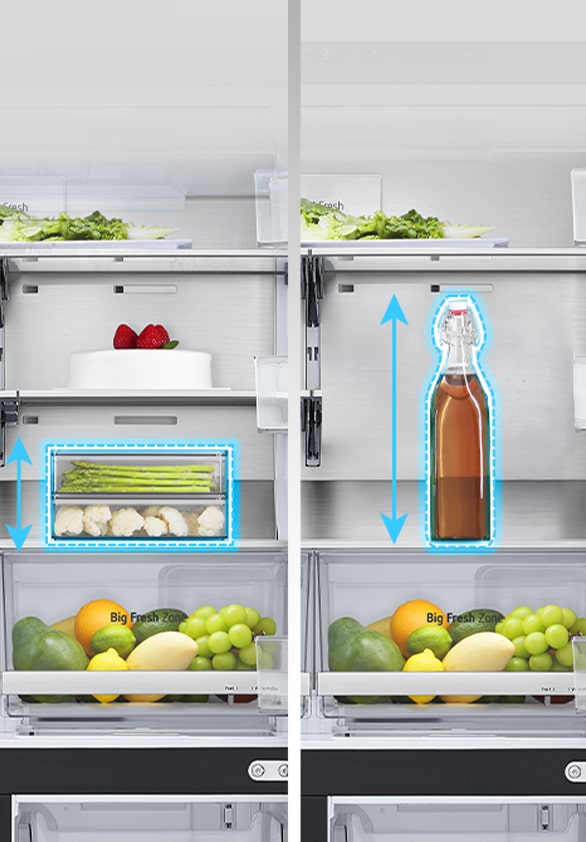 On the left, a shelf was spread out inside the refrigerator and a low food container was placed, and on the right, the shelf was folded in the same position and a high bottle was placed.