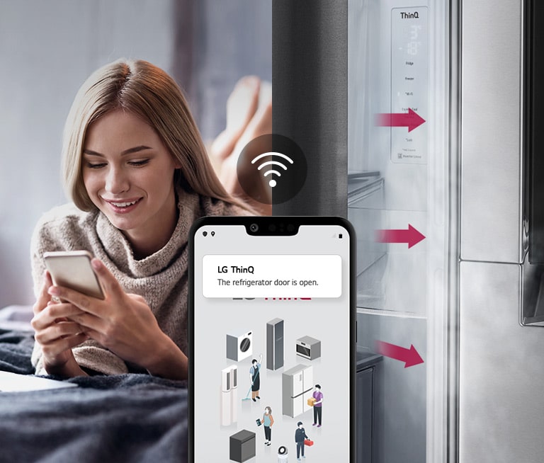 A woman lounges on a bed looking at her phone screen on one image. The second image shows that the refrigerator door has been left open. In the foreground of the two images is the phone screen which shows the LG ThinQ app notifications and the Wifi icon above the phone.