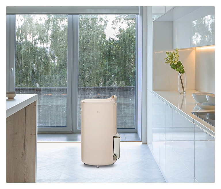 It shows calming beige color LG Puricare™ Dehumidifier is placed in a kitchen with a rainy background.