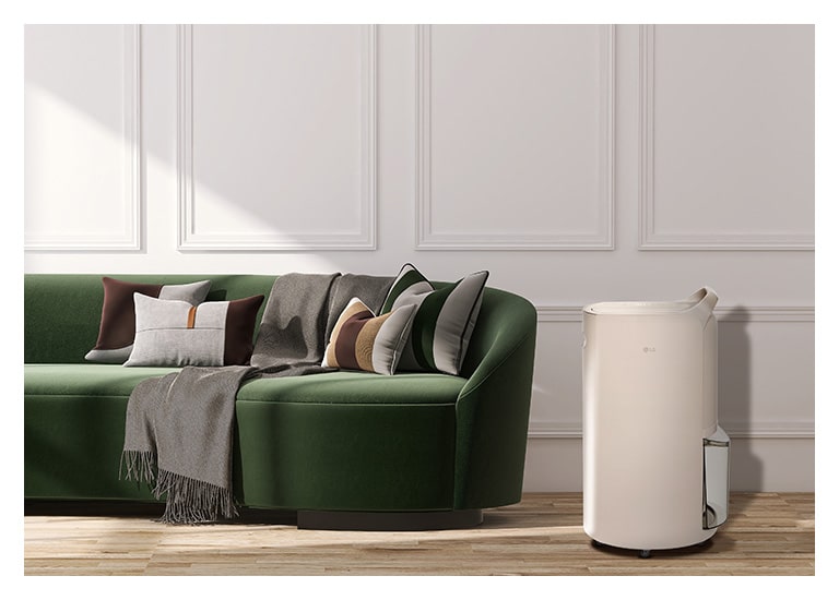 It shows calming beige color LG Puricare™ Dehumidifier is placed in a modern livingroom.
