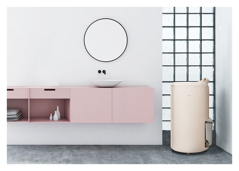 It shows calming beige color LG Puricare™ Dehumidifier Objet Collection is placed in a bathroom.