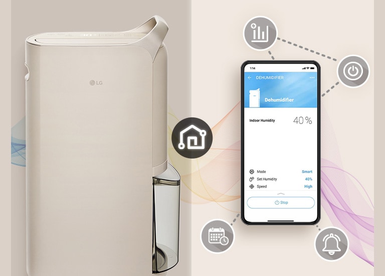 It shows dehumidifier and a mobile phone with the ThinQ screen displayed. There are icons around the phone introducing ThinQ features.