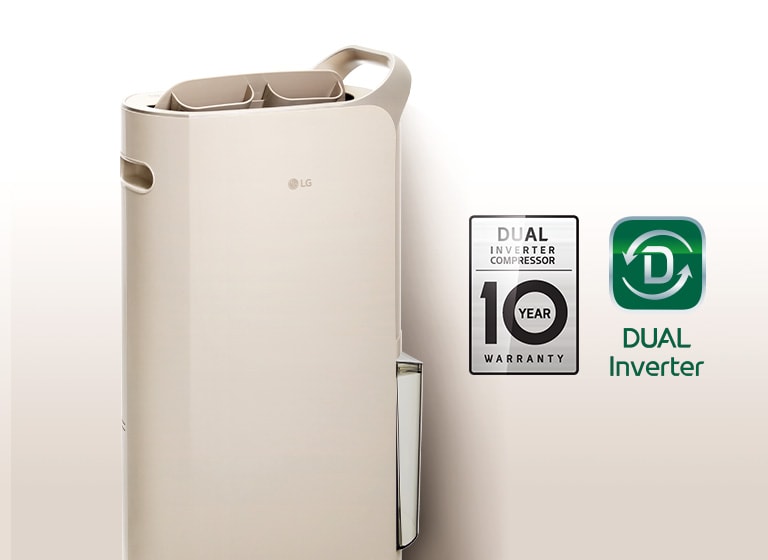 Dehumidifier product image and the logo of DUAL Inverter Compressor with 10 year warranty.