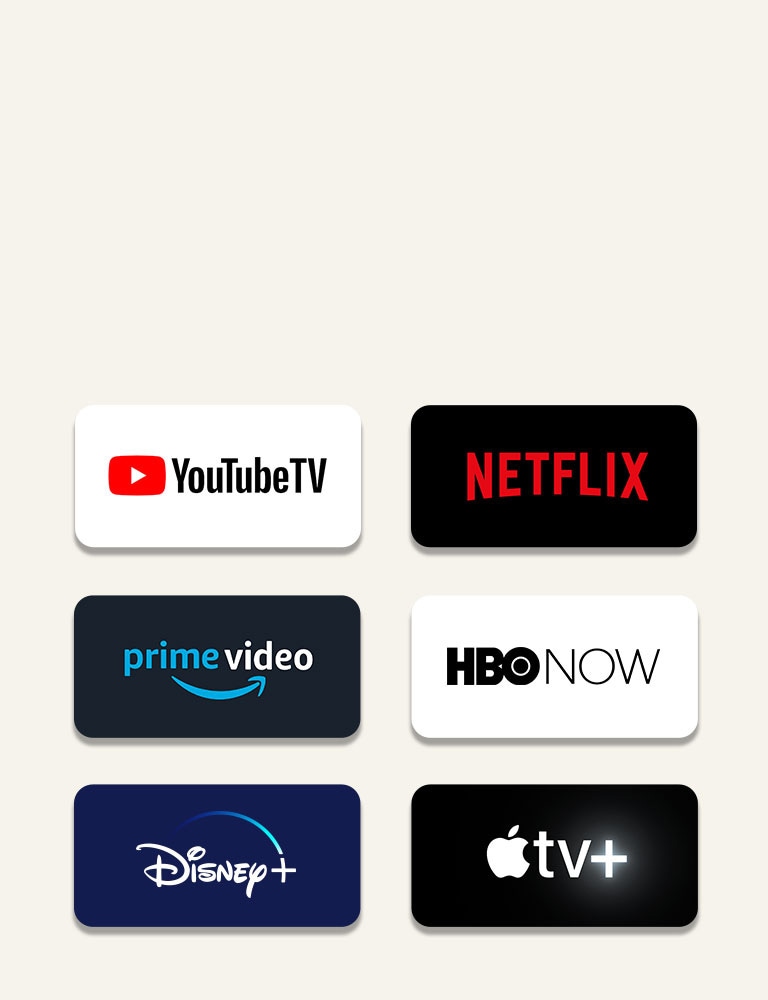OTT streaming services icon are placed in a row. From left-top; Netflix, Amazon Prime Video, HBO NOW,YouTubeTV, Disney+. And Apple TV+.