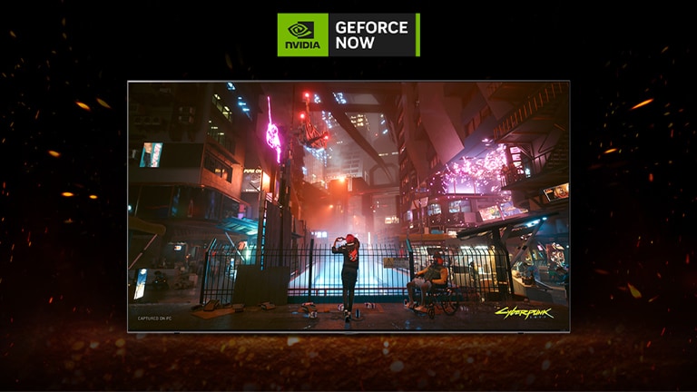 Image showing GeForce NOW on LG UHD TV, featuring shows and games.