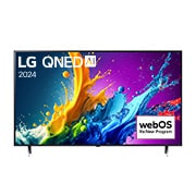 Front view of LG QNED80 4K Smart TV with text of LG QNED, 2024, and webOS Re:New Program logo on screen