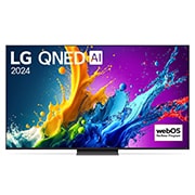 Front view of LG QNED80 4K Smart TV with text of LG QNED, 2024, and webOS Re:New Program logo on screen