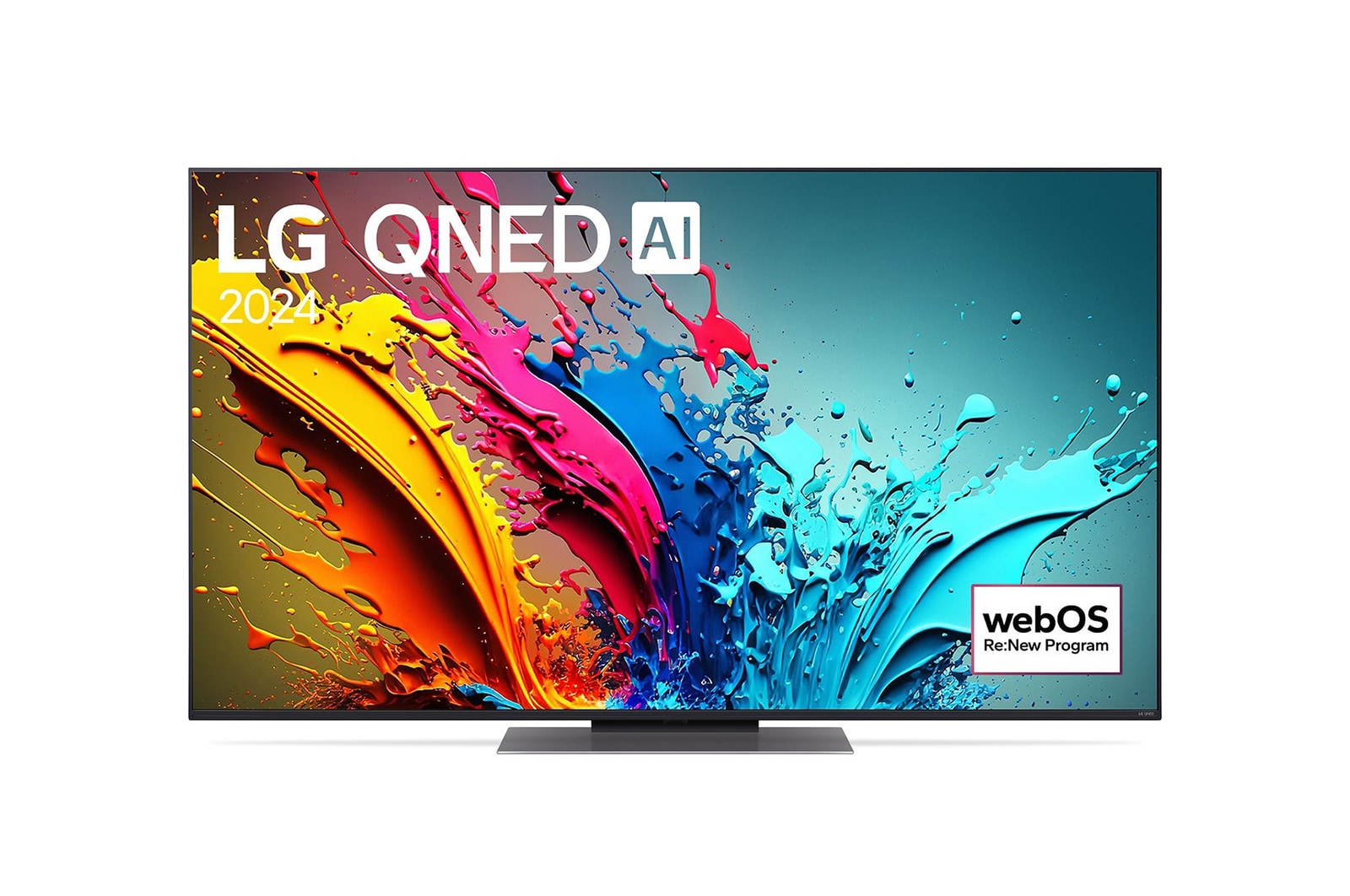 Front view of  LG QNED86 4K Smart TV with text of LG QNED, 2024, and webOS Re:New Program logo on screen