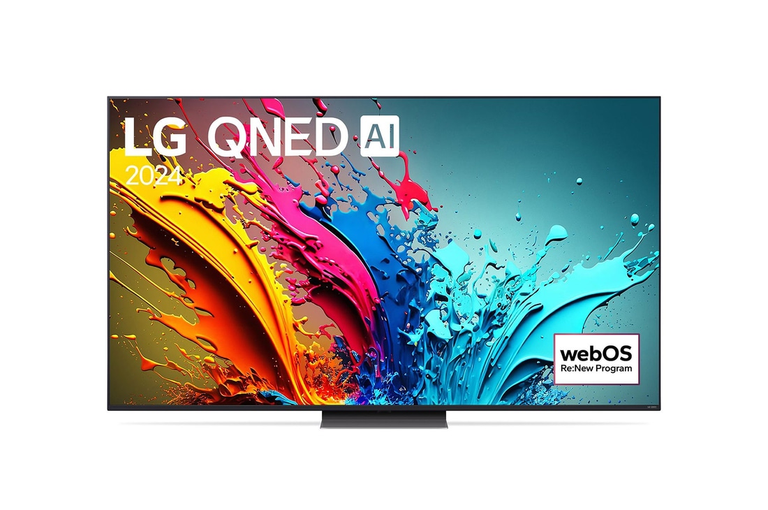 Front view of  LG QNED86 4K Smart TV with text of LG QNED, 2024, and webOS Re:New Program logo on screen