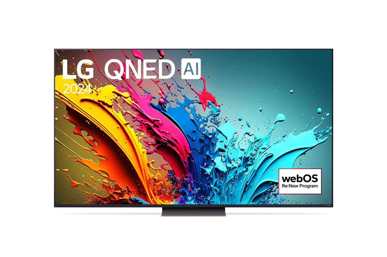 Front view of  LG QNED86 4K Smart TV with text of LG QNED, 2024, and webOS Re:New Program logo on screen