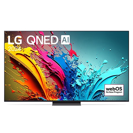 Front view of  LG QNED86 4K Smart TV with text of LG QNED, 2024, and webOS Re:New Program logo on screen