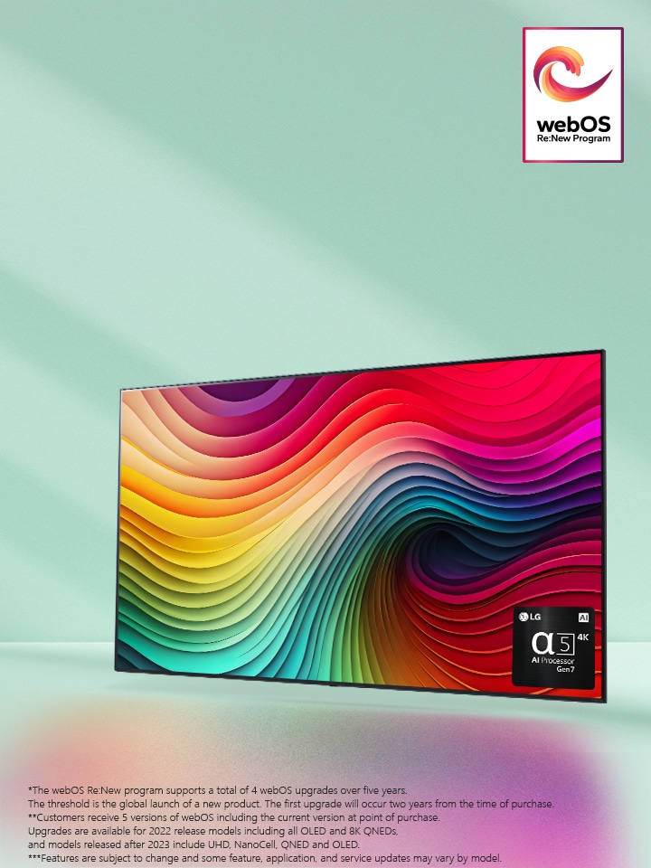 LG NanoCell TV against mint green backdrop with multi-colored swirls artwork on display and picture of α5 AI Processor Gen 7 in bottom right corner. Light radiates, casting colorful shadows below. The "webOS Re:New Program" logo is in the image.