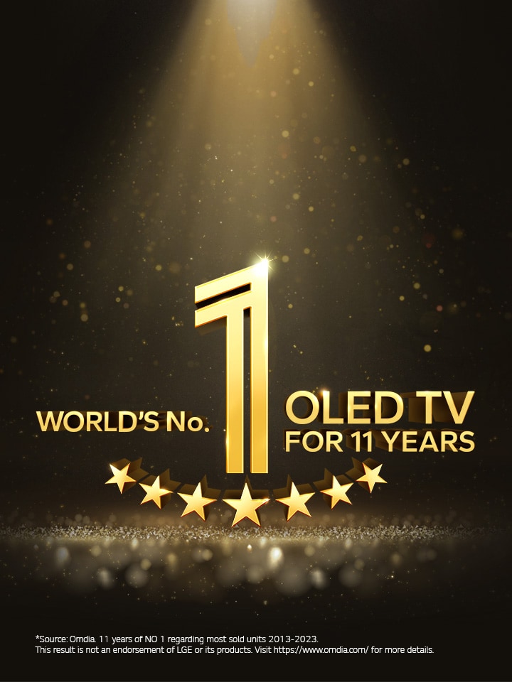 A gold emblem of World's number 1 OLED TV for 11 Years against a black backdrop. A spotlight shines on the emblem, and gold abstract stars fill the space.
