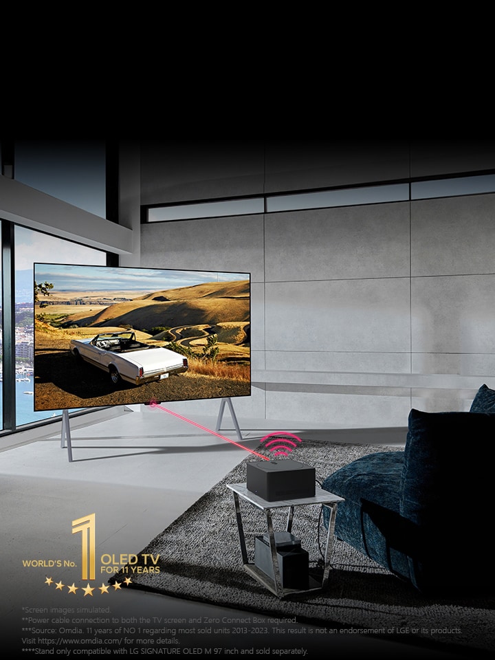 In a modern living space, LG OLED TV is on a stand and a Zero Connect Box is placed on a table in front with devices tucked underneath. A red Wi-Fi signal and red beam emit towards the TV screen. The gold World's number 1 OLED TV for 11 Years emblem is at the bottom.