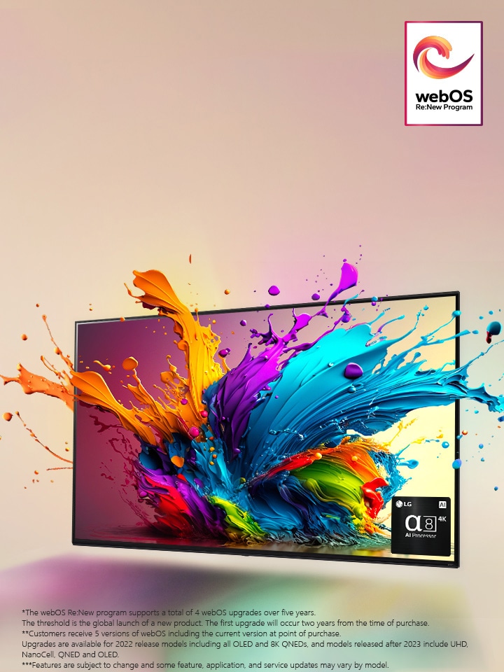 LG QNED TV against a pale pink backdrop. Colorful droplets and paint waves explode from the screen, and light radiates, casting colorful shadows below. The α8 AI Processor is at the bottom right corner of the TV screen.  The "webOS Re:New Program" logo is in the image.