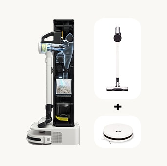 On the left, there is an exposed interior of a combi tower, and on the right, there is a stick vacuum and a robot vacuum placed.