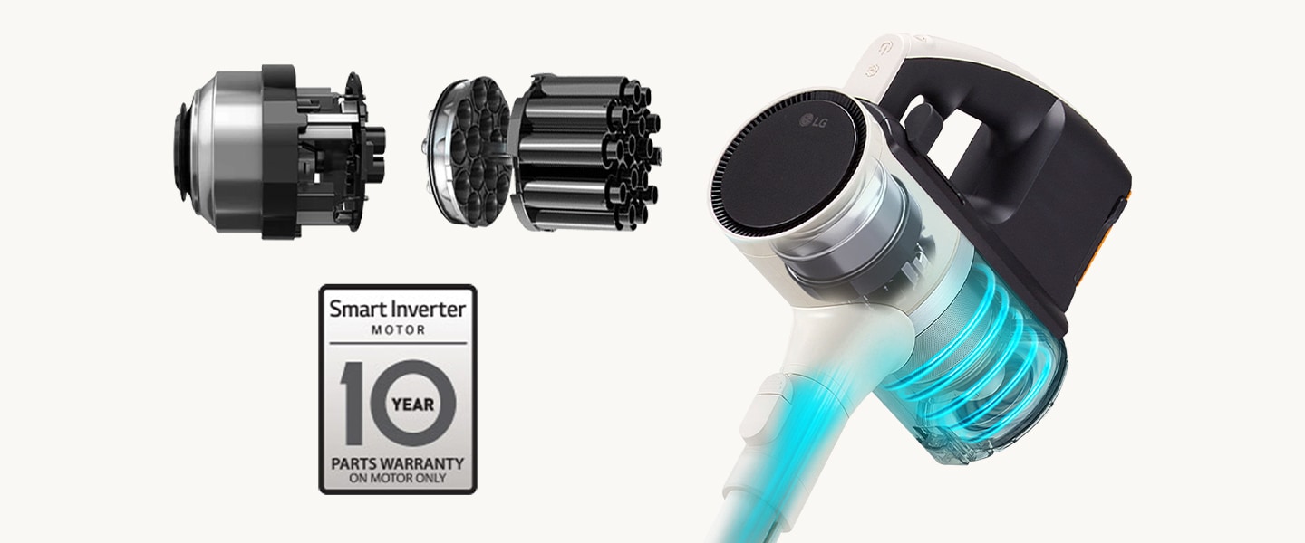 The graphic image shows the Smart Inverter Motor™  and the Axial Turbo Cyclone™ . In addition, the vacuum head and the head part are made transparent to show the Smart Inverter Motor™  installed from the inside.
