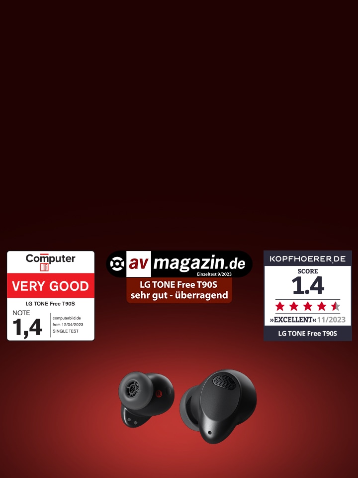 T90S earbus are floating against the red gradient background. Above them, Computer Bild, av magazin.de, and KOPHOERER.DE logos are shown.