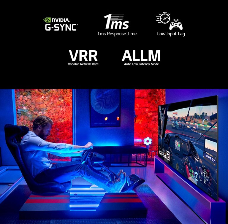 The mark of NVIDIA G-SYNC, The mark of 1ms Response Time, The mark of Low Input lag, The mark of Variable Refresh Rate, The mark of Auto Low Latency Mode, Man in a dark room sitting on a racing game seat in front of a large TV and immersing himself into a racing game