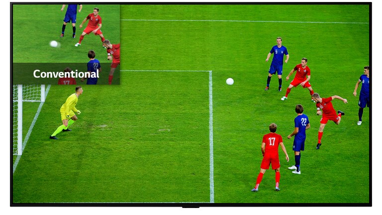 Picture in picture TV screen comparing pixel quality of LCD/LED versus OLED TV through an active soccer game