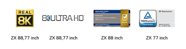 The mark of Real 8K, The mark of 8K ULTRA HD, The mark of Intertek, The mark of TÜV Rheinland