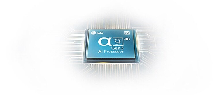 Alpha 9 Gen3 AI Processor chip shining with blue graphics on white background