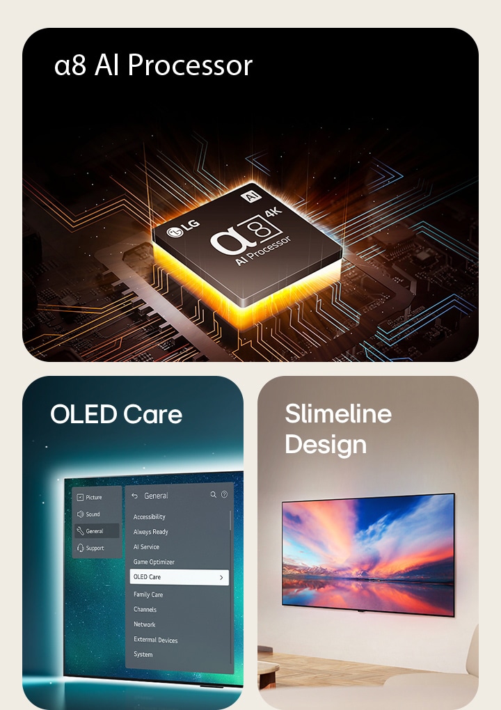 LG's α8 AI Processor on top of a motherboard, emitting orange bolts of light.  OLED TV with the OLED Care menu is selected in the support menu that is up on the screen.  The slimline design in a side of view as it is placed flat against the wall in a modern living space.