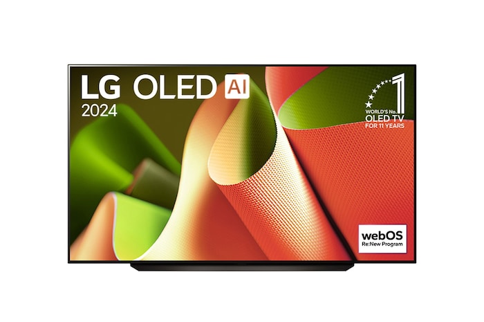 Front view with LG OLED TV, OLED AI B4, 11 Years of world number 1 OLED Emblem and webOS Re:New Program logo on screen with 2-pole stand