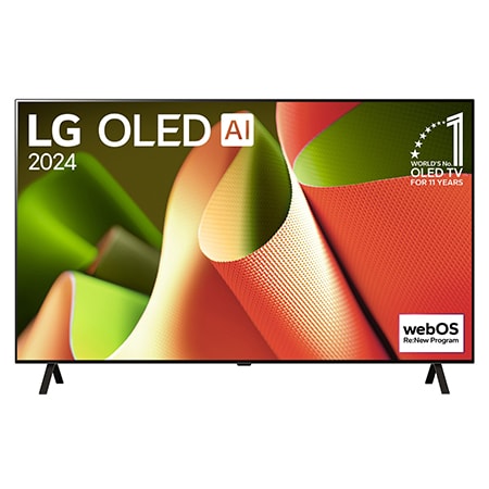 Front view with LG OLED TV, OLED AI B4, 11 Years of world number 1 OLED Emblem and webOS Re:New Program logo on screen with 2-pole stand