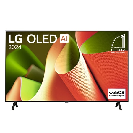 Front view with LG OLED TV, OLED B4, 11 Years of world number 1 OLED Emblem and webOS Re:New Program logo on screen with 2-pole stand