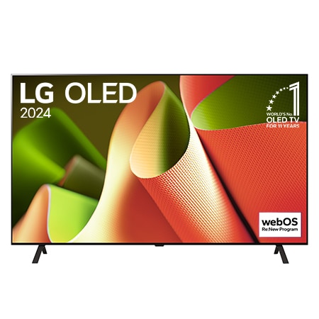 Front view with LG OLED TV, OLED B4, 11 Years of world number 1 OLED Emblem and webOS Re:New Program logo on screen with 2-pole stand