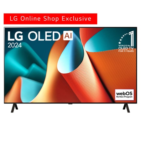 Front view with LG OLED TV, OLED AI B4E, 11 Years of world number 1 OLED Emblem and webOS Re:New Program logo on screen with 2-pole stand