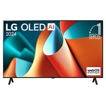 Front view with LG OLED TV, OLED AI B4E, 11 Years of world number 1 OLED Emblem and webOS Re:New Program logo on screen with 2-pole stand