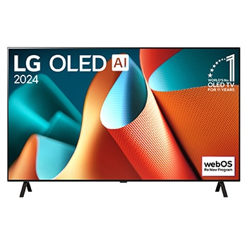 Front view with LG OLED TV, OLED AI B4E, 11 Years of world number 1 OLED Emblem and webOS Re:New Program logo on screen with 2-pole stand